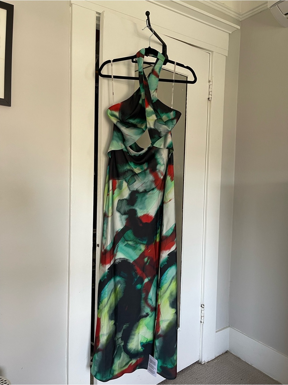 Halter Neck Multicolor Print Maxi Dress - Green/Black/Red